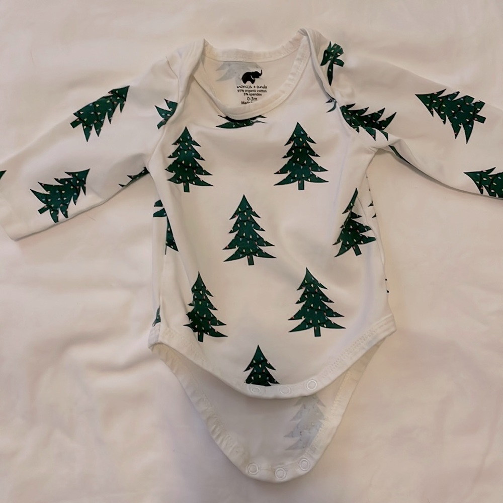 Christmas tree Monica + Andy baby onesie. Size 0-3 months. Excellent condition.
